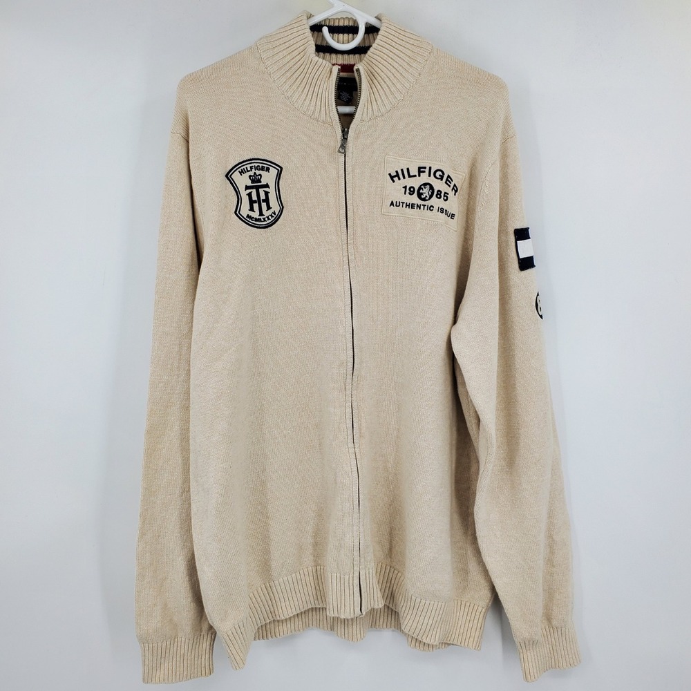 Tommy‎ Hilfiger Y2K Mens XXL Full Zip Knit Sweater Beige Cotton Patch Crest Logo